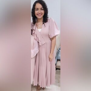 Women's Blush Pink Ruffle V-Neck Maxi Dress